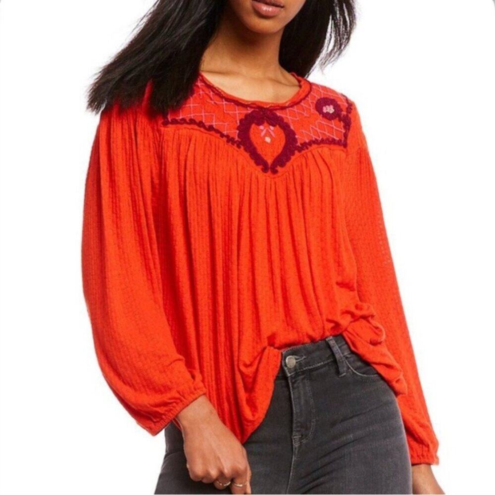 Free People Begonia Red Embroidered Blouse